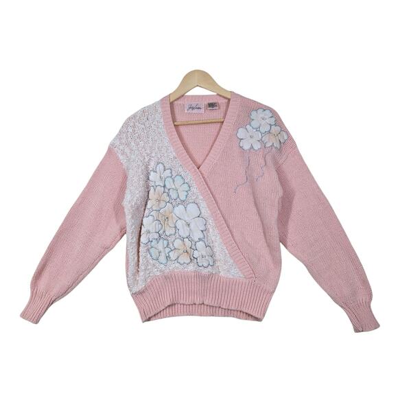VTG Jaclyn Smith Sweater sz L Pink Embroidered Floral Pearl Embellished Feminine - Picture 1 of 16